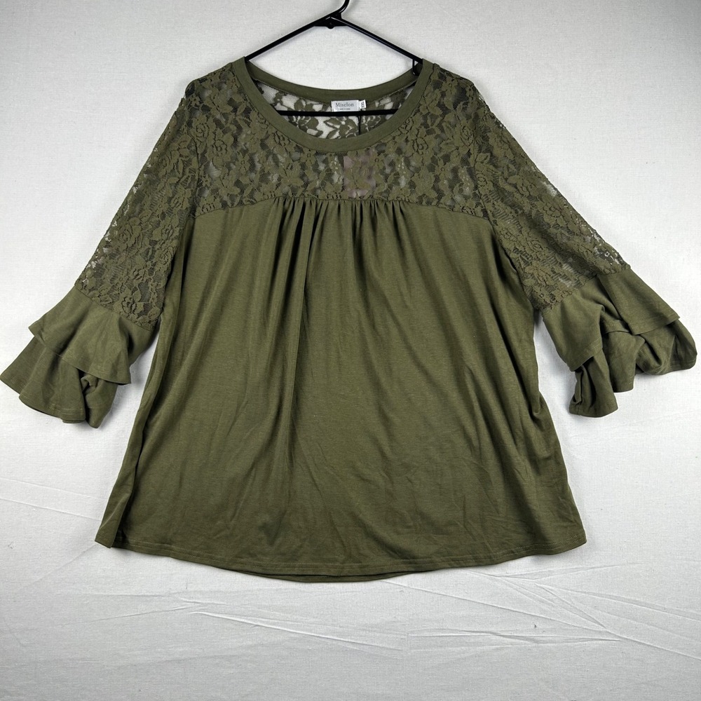 Miselon Womens XXL Olive Green Lace Yoke Ruffle Bell Sleeve Babydoll Blouse NEW